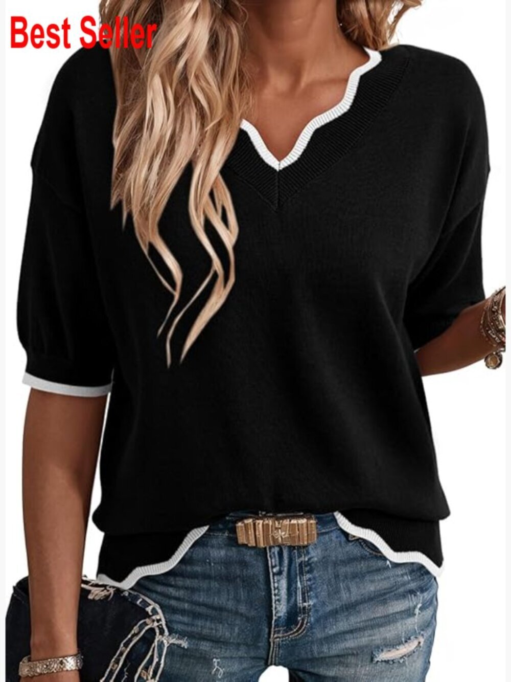 Casual V Neck Short Sleeve Ribbed Knit Lightweight Sweater Pullover Tunic Top